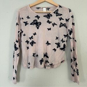 🦋 H&M Pale Pink Black Butterfly Lightweight Blouse Casual XS 💖